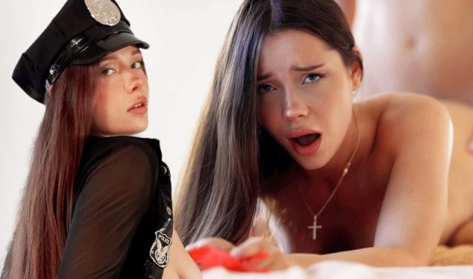 Горячая русская допрашивает копа в униформе: сосет хуй и трахается до оргазма!