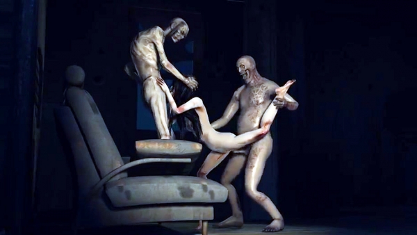 Два зомби-монстра рвут пизду и рот ненасытной тёлке в лесной хижине! Жесткое HD порно